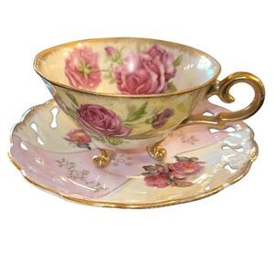 Vintage Shafford Iridescent Japan footed Teacup and Saucer Set laced Lusterware